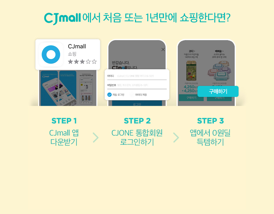 CJmall에서 처음 또는 1년만에 쇼핑한다면?(step1. CJmall앱 다운받기, step2. CJONE 통합회원 로그인하기, step3. 앱에서 0원딜 득템하기)